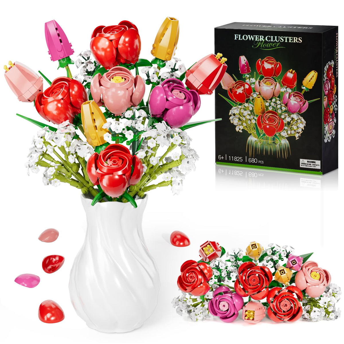 Utbttor flower bouquet building kit featuring red roses and tulips, ready for DIY assembly.