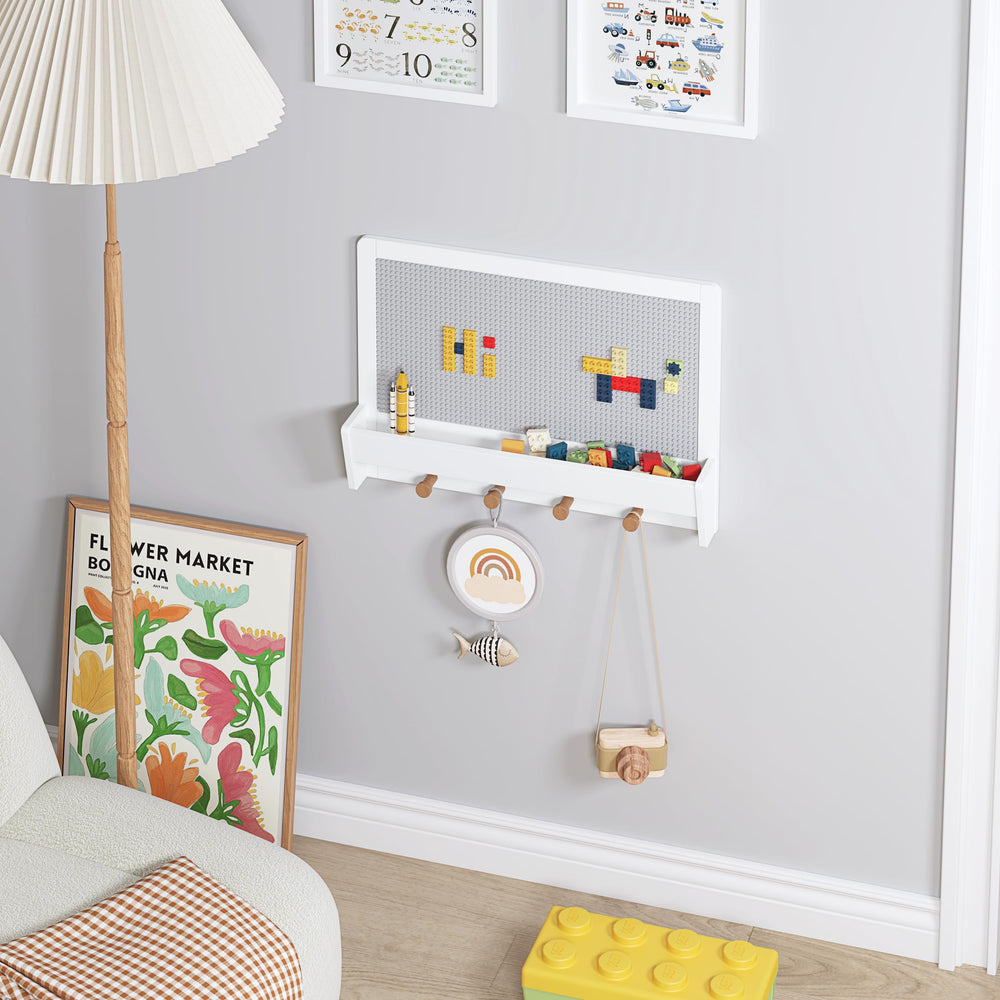 UTEX 2-in-1 Building Panel shelf with hooks showing organized storage.