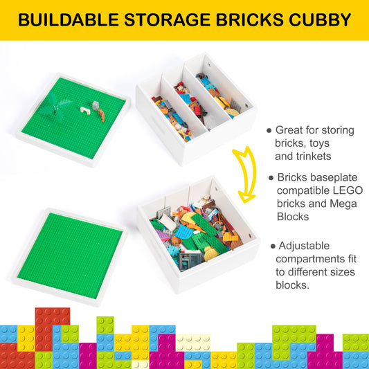 UTEX cubby's three compartments help sort blocks by color and size.