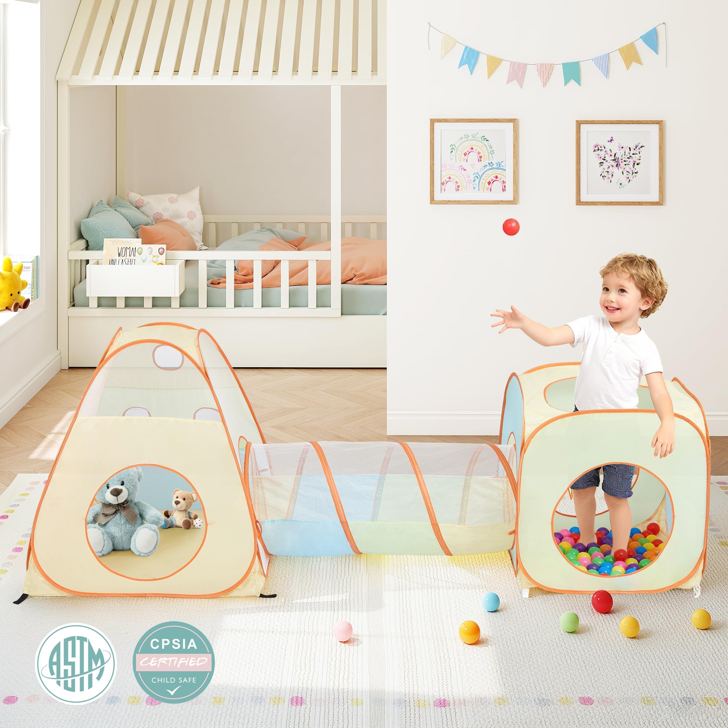 UTEX play tent with ball pit option adds tactile play; balls not included.