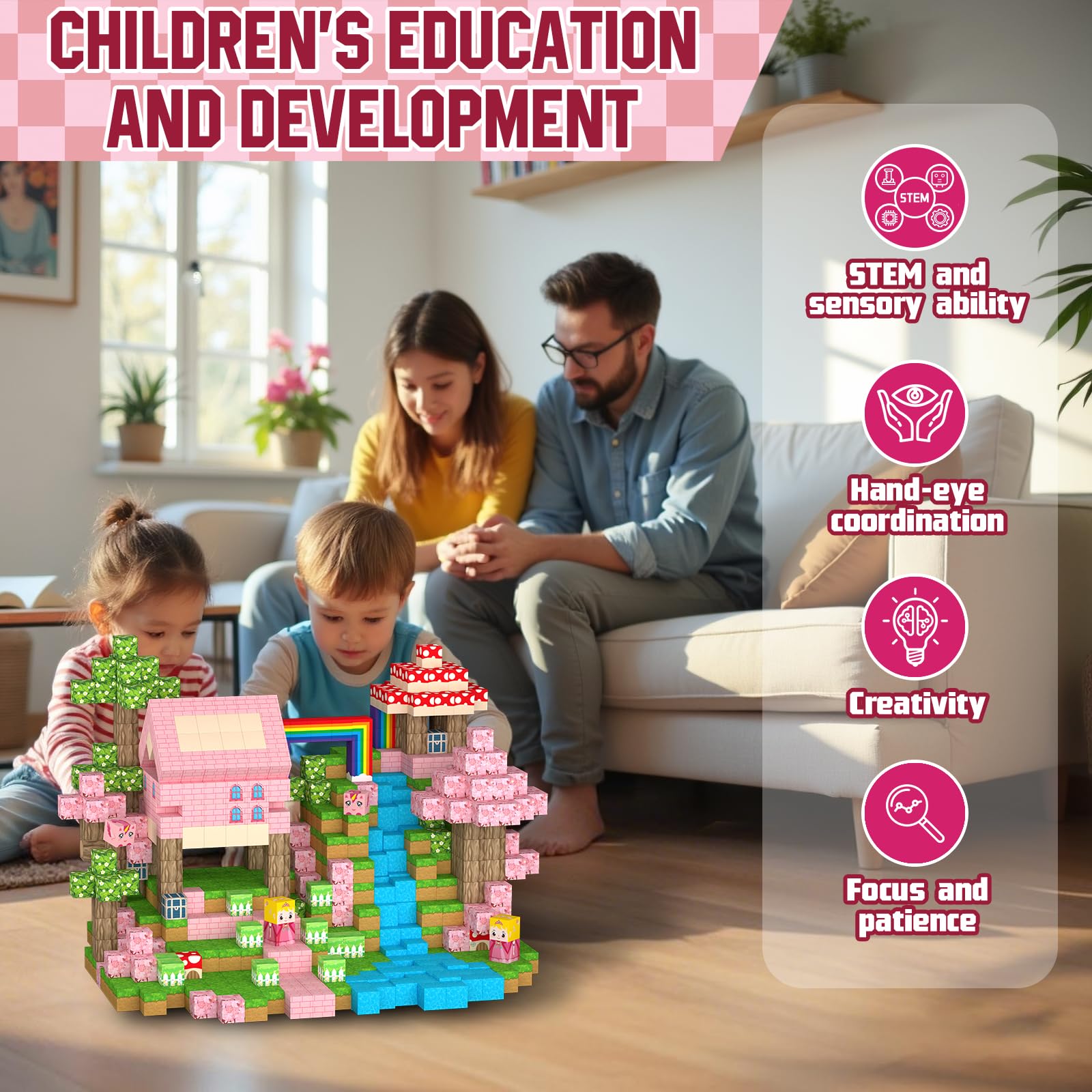 Uucoco pink princess castle blocks spark imaginative pretend play and role-play