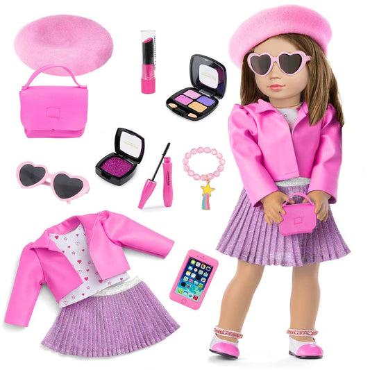UZIDBTO 18-inch doll makeup tote bag, chic pink design for portable pretend-play storage.
