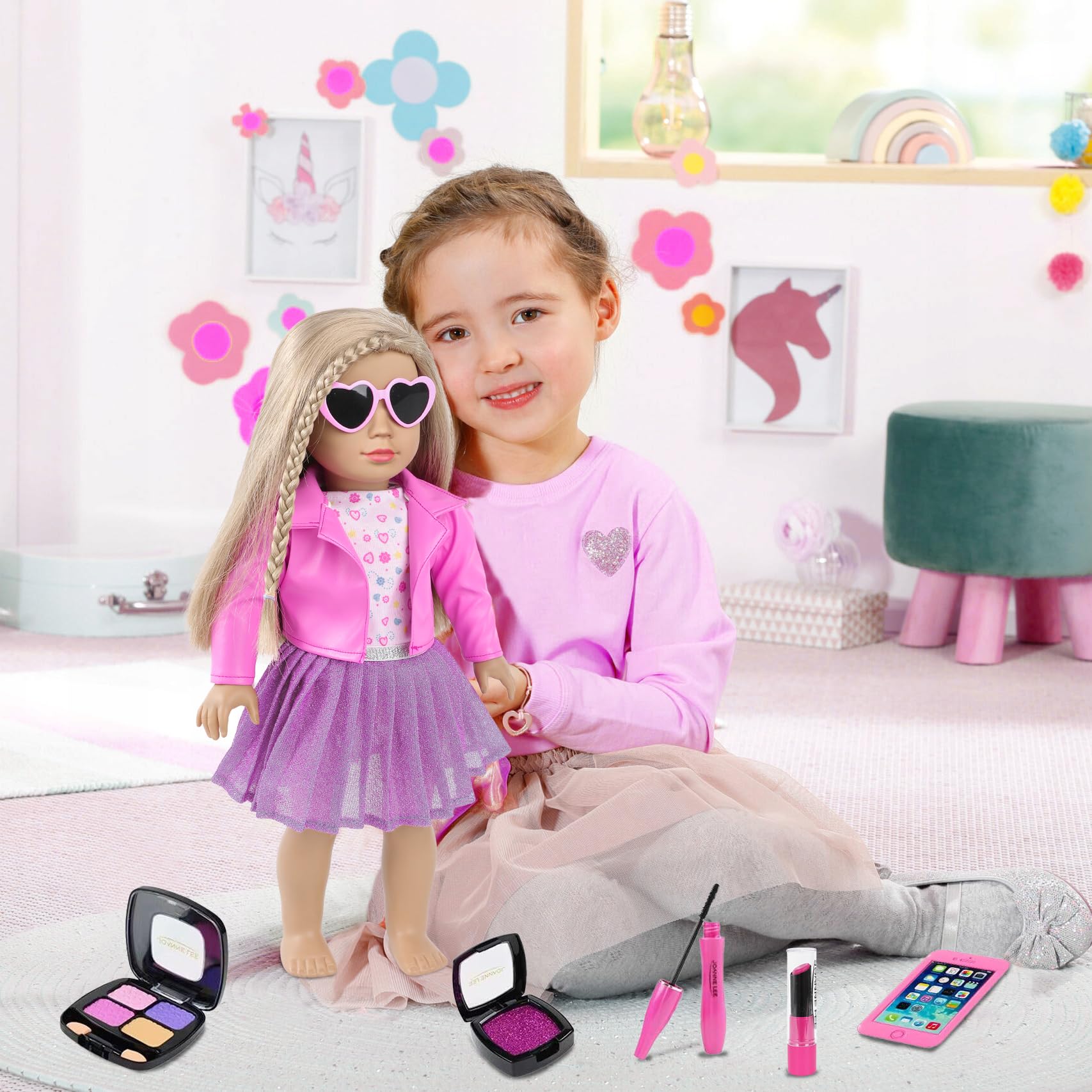 UZIDBTO bracelets and eyelash brush set adding detailed dress-up touches.