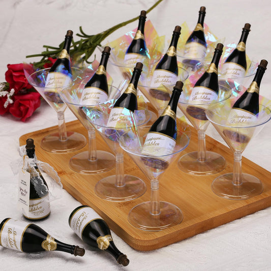 Uzoxlsn champagne bottle bubble wands decorating reception tables with sparkle.