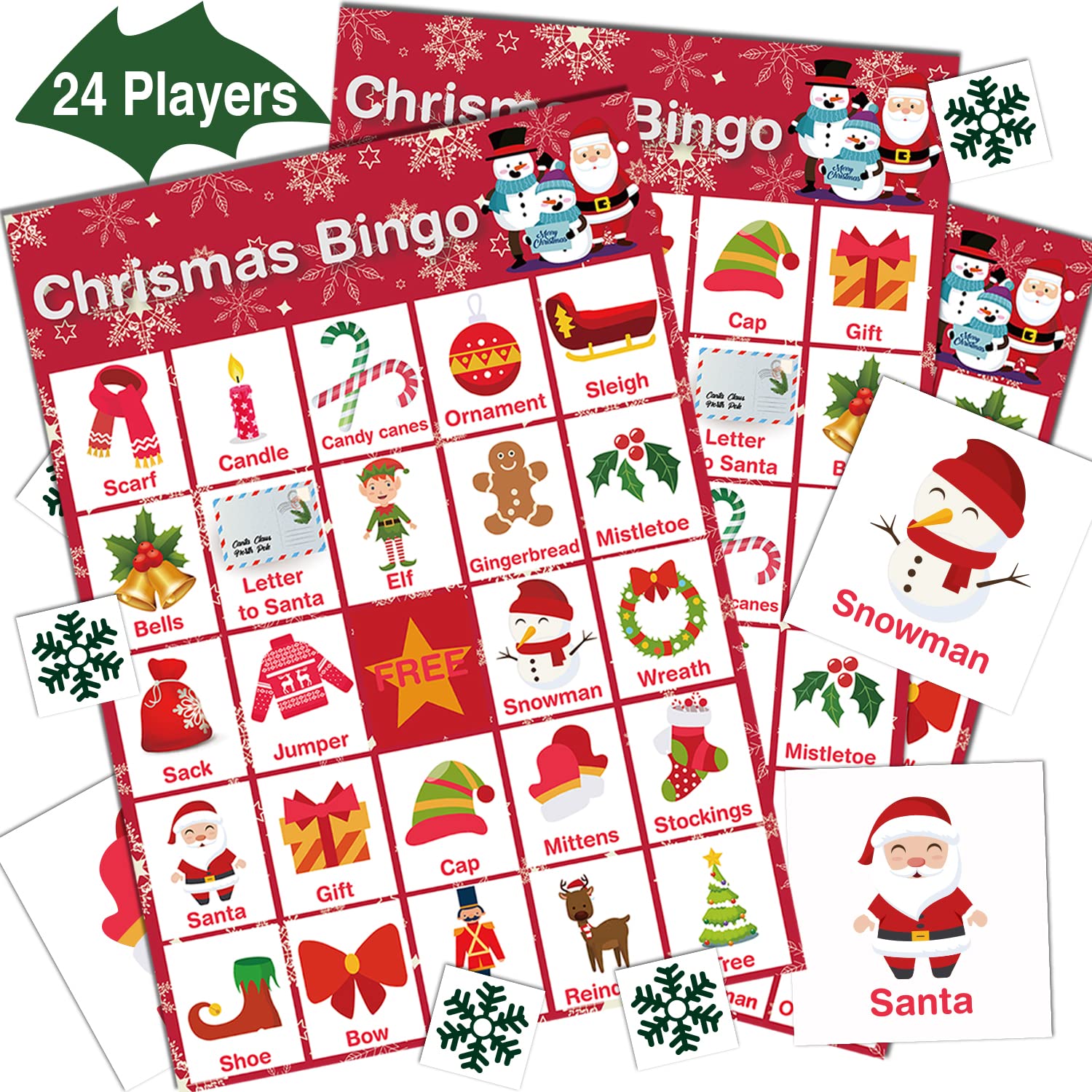 V-Opitos Christmas bingo card for 24 players, ideal for large family gatherings.