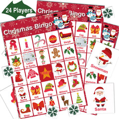 V-Opitos Christmas bingo card for 24 players, ideal for large family gatherings.