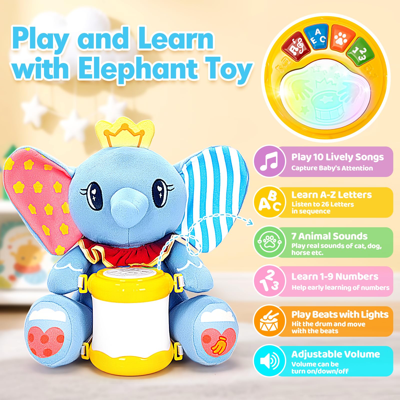 V-Opitos elephant plush toy with drum, soft for gentle exploration