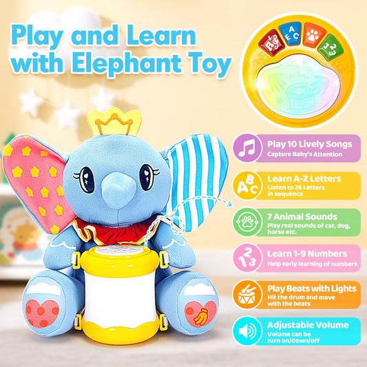 V-Opitos elephant plush toy with drum, soft for gentle exploration