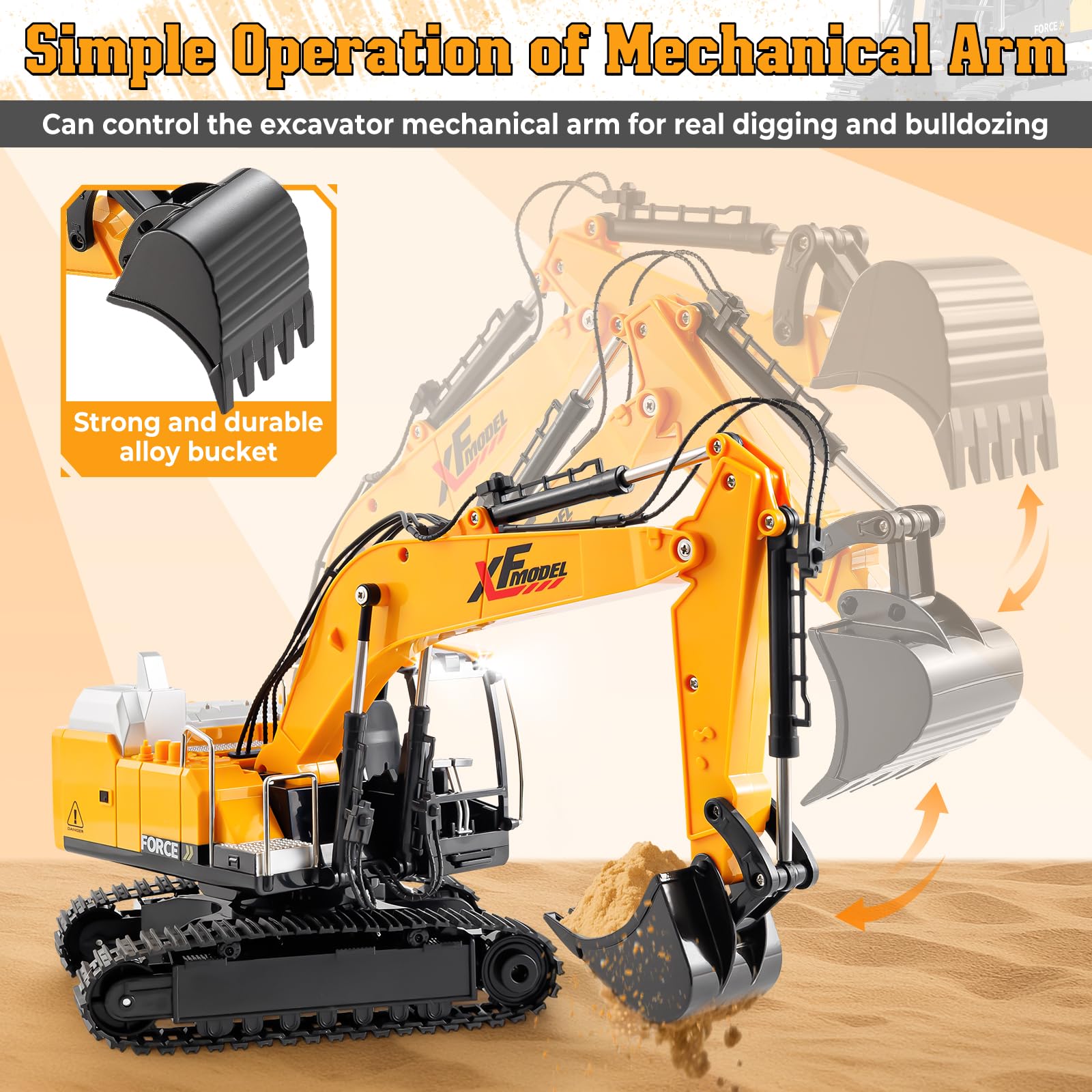 V-Opitos excavator arm and bucket in action for realistic play.