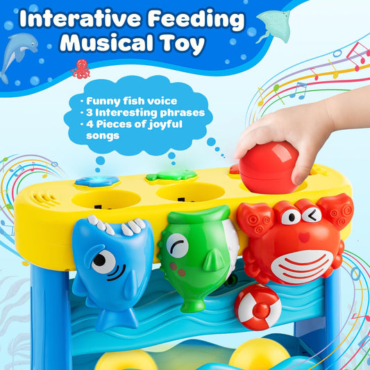 V-Opitos musical toy pufferfish sounds support auditory development during play.