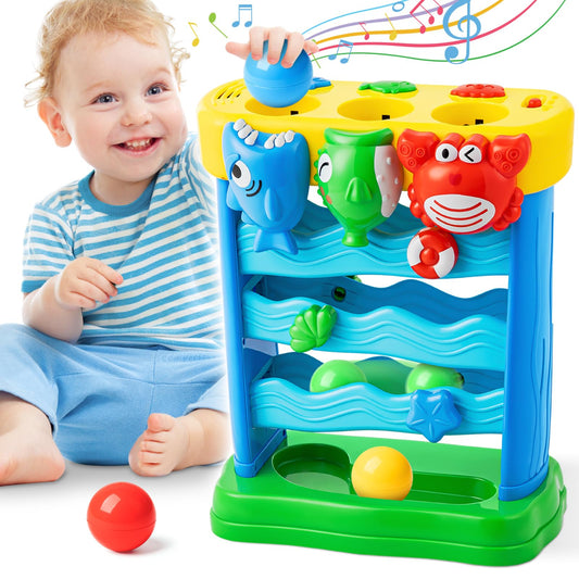 V-Opitos musical toy shark feeding fosters coordination with ball feeding and sounds.