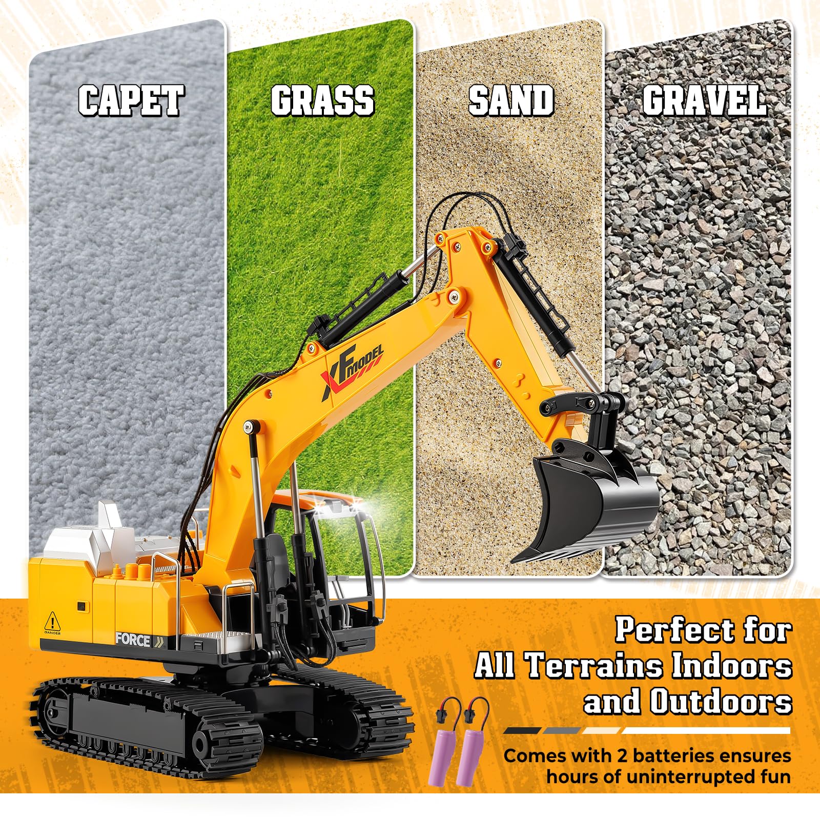 V-Opitos RC excavator uses 2.4GHz remote for smooth control.