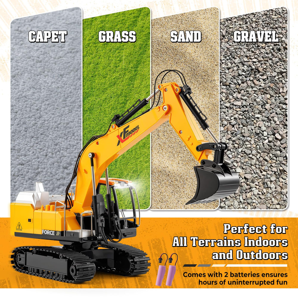 V-Opitos RC excavator uses 2.4GHz remote for smooth control.