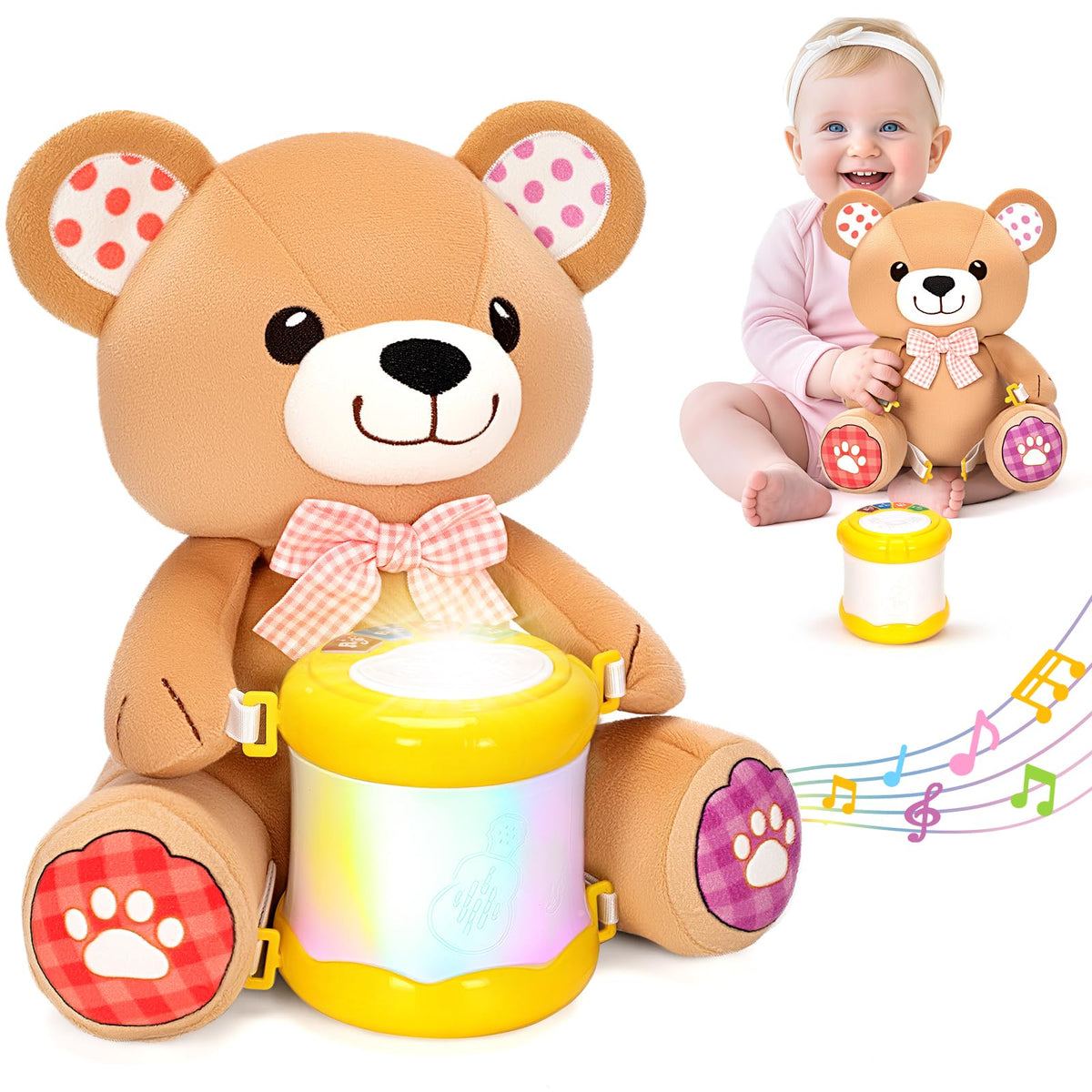 V-Opitos stuffed bear with light-up drum for engaging baby's senses.
