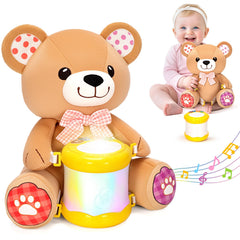 V-Opitos stuffed bear with light-up drum for engaging baby's senses.