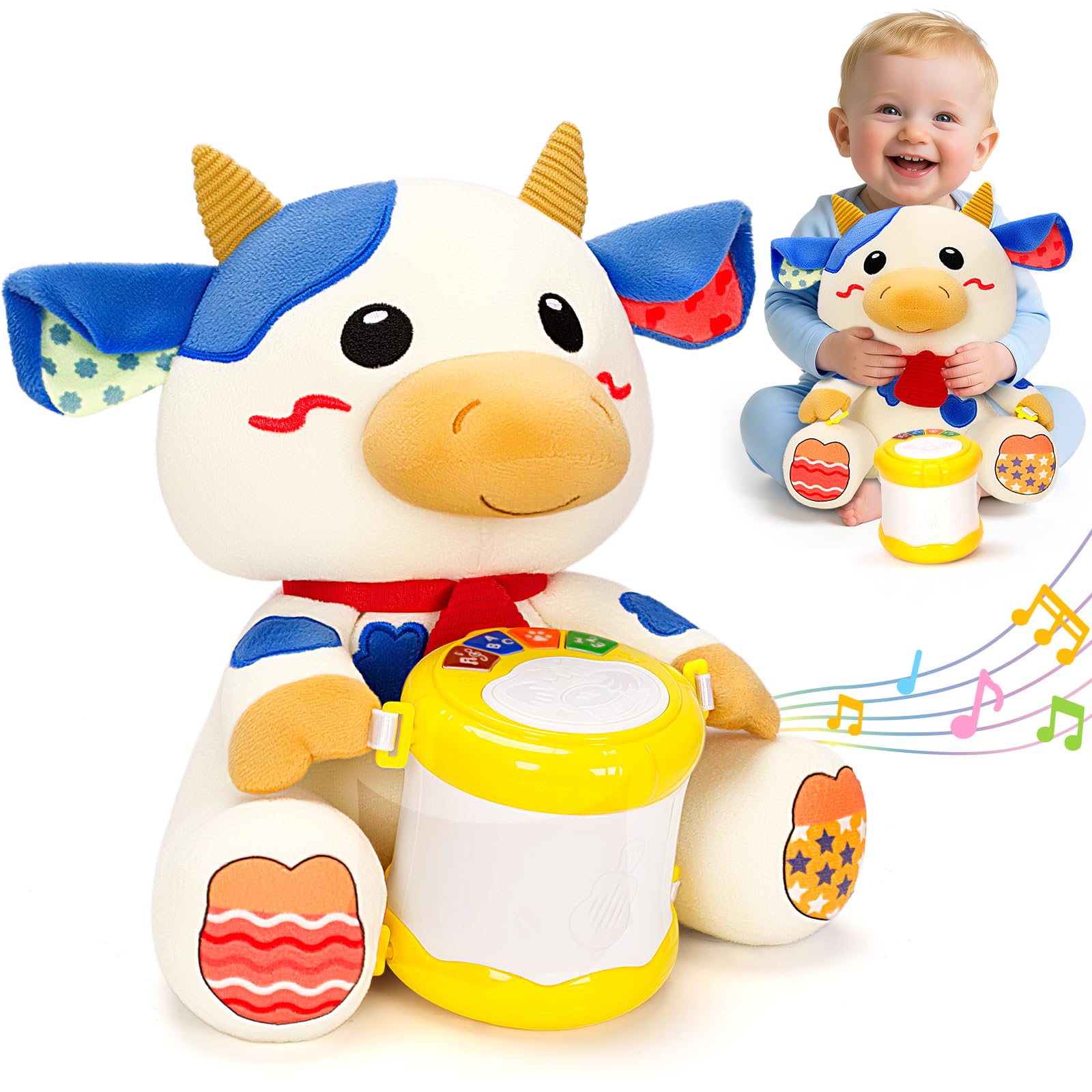 V-Opitos stuffed cow musical-drum, soft plush and engaging beat for baby playtime.