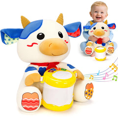 V-Opitos stuffed cow musical-drum, soft plush and engaging beat for baby playtime.