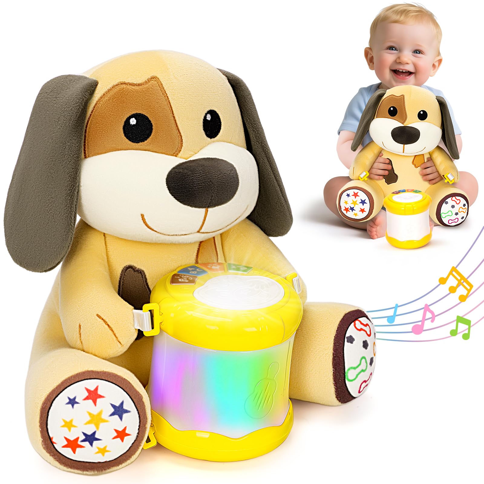 V-Opitos stuffed dog with musical drum promotes early rhythm awareness and visual engagement.