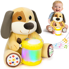 V-Opitos stuffed dog with musical drum promotes early rhythm awareness and visual engagement.