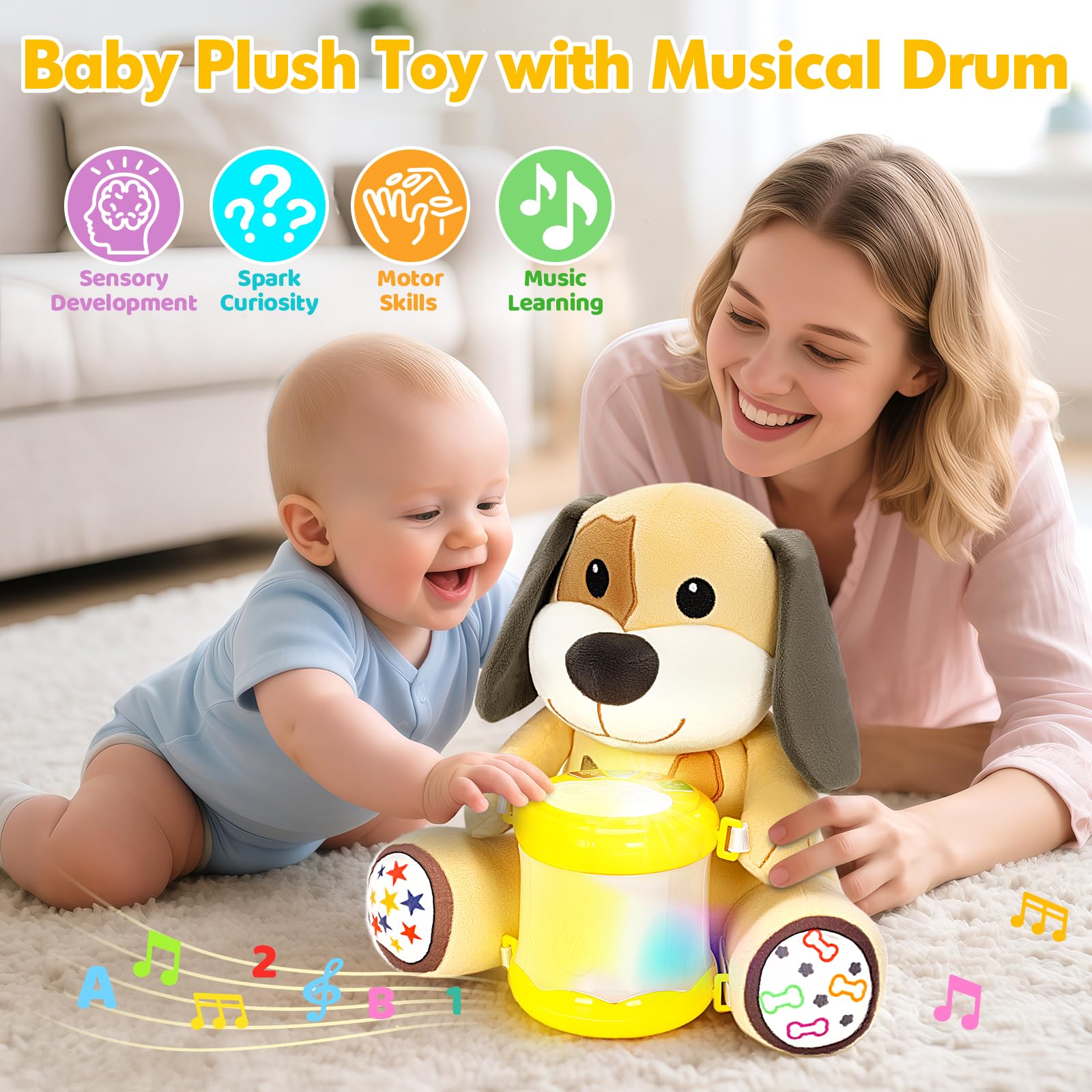 V-Opitos soft plush dog invites cuddling while exploring tactile textures and safe play.