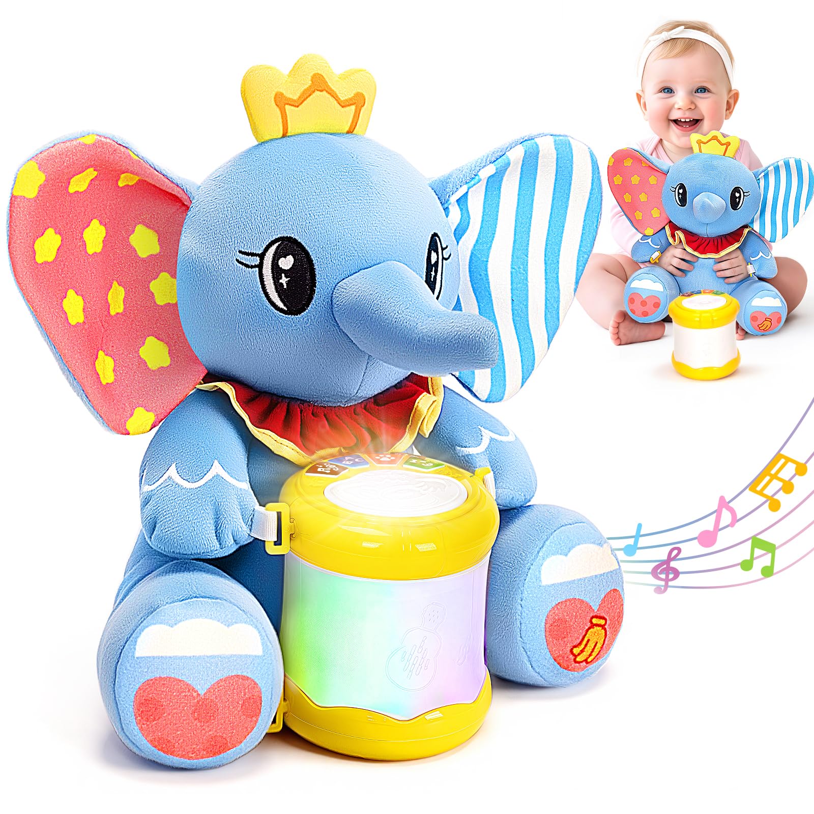V-Opitos stuffed elephant musical drum toy for babies, inviting rhythm play