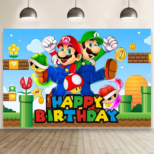 VAESCOL Mario backdrop full setup for a kid's party photo wall