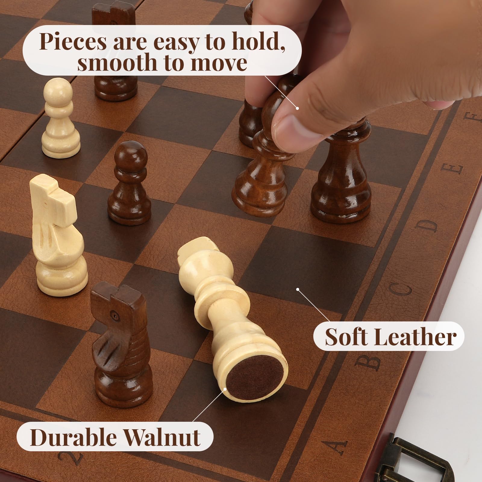 Vahome handcrafted walnut chess pieces gliding smoothly on the magnetic board.