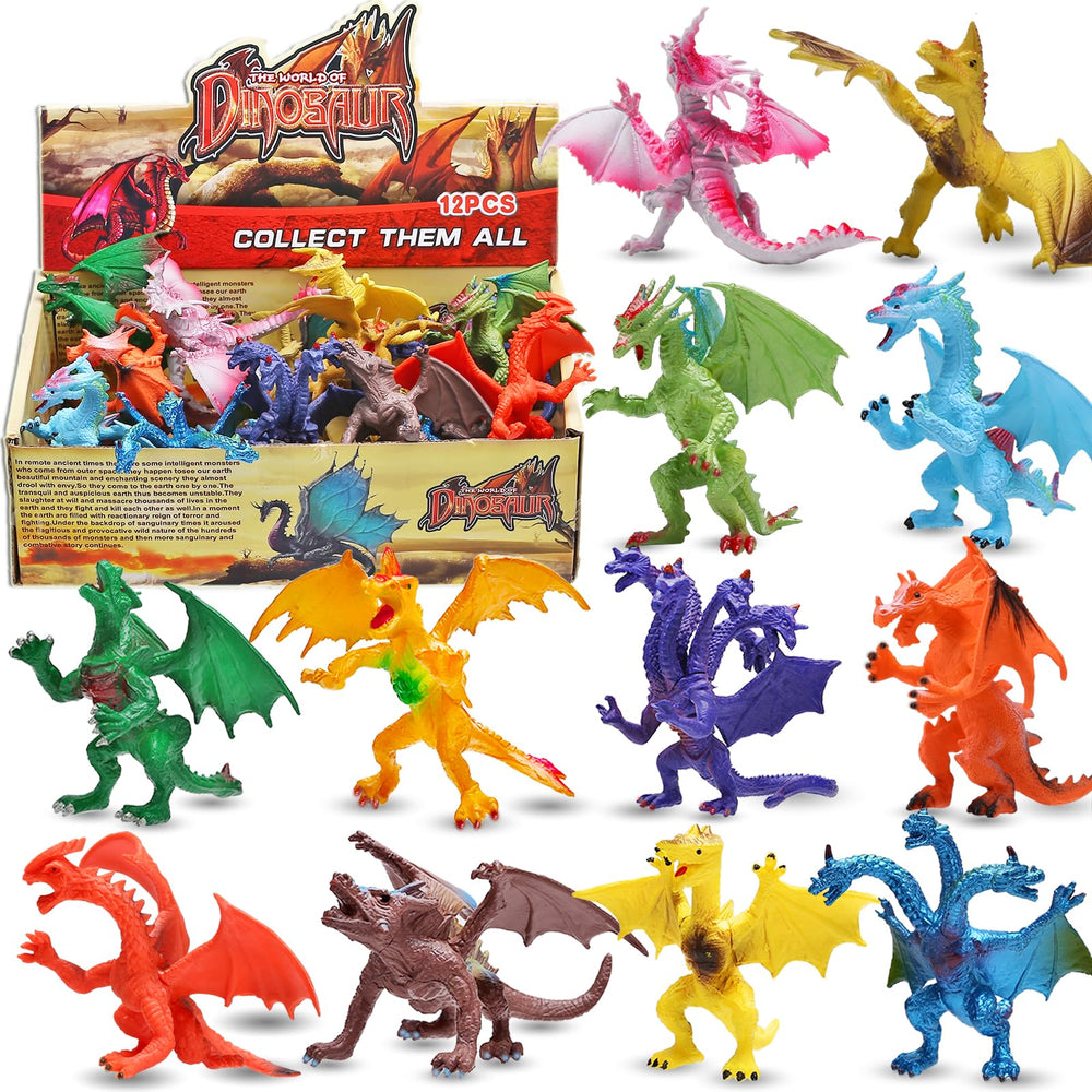 ValeforToy 4-inch dragon figures variety pack for imaginative play and convenient gift box storage.