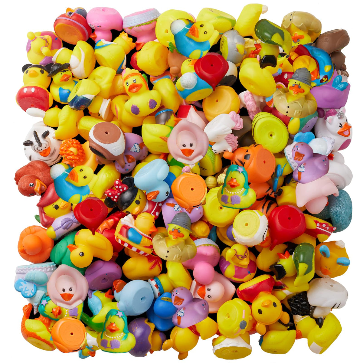 ValenLyra 100-pack rubber ducks in a bath-toys display for colorful play.