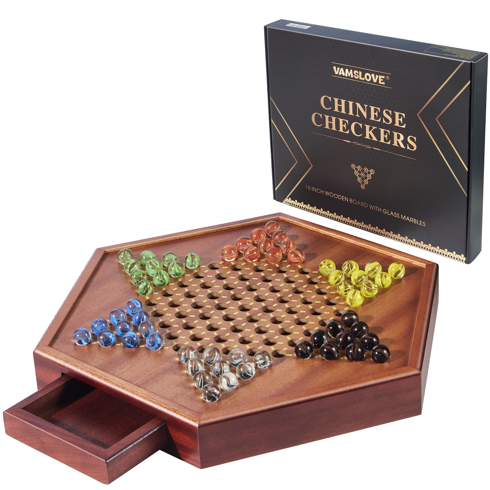 VAMSLOVE Chinese Checkers 15-inch board for family play