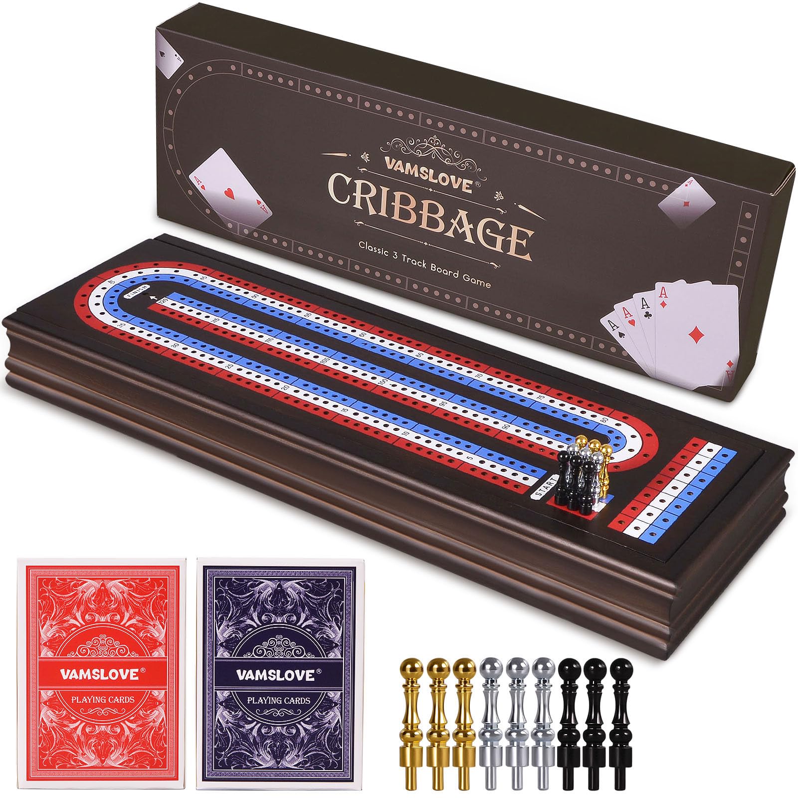 VAMSLOVE cribbage board with closed lid keeps components secure during travel