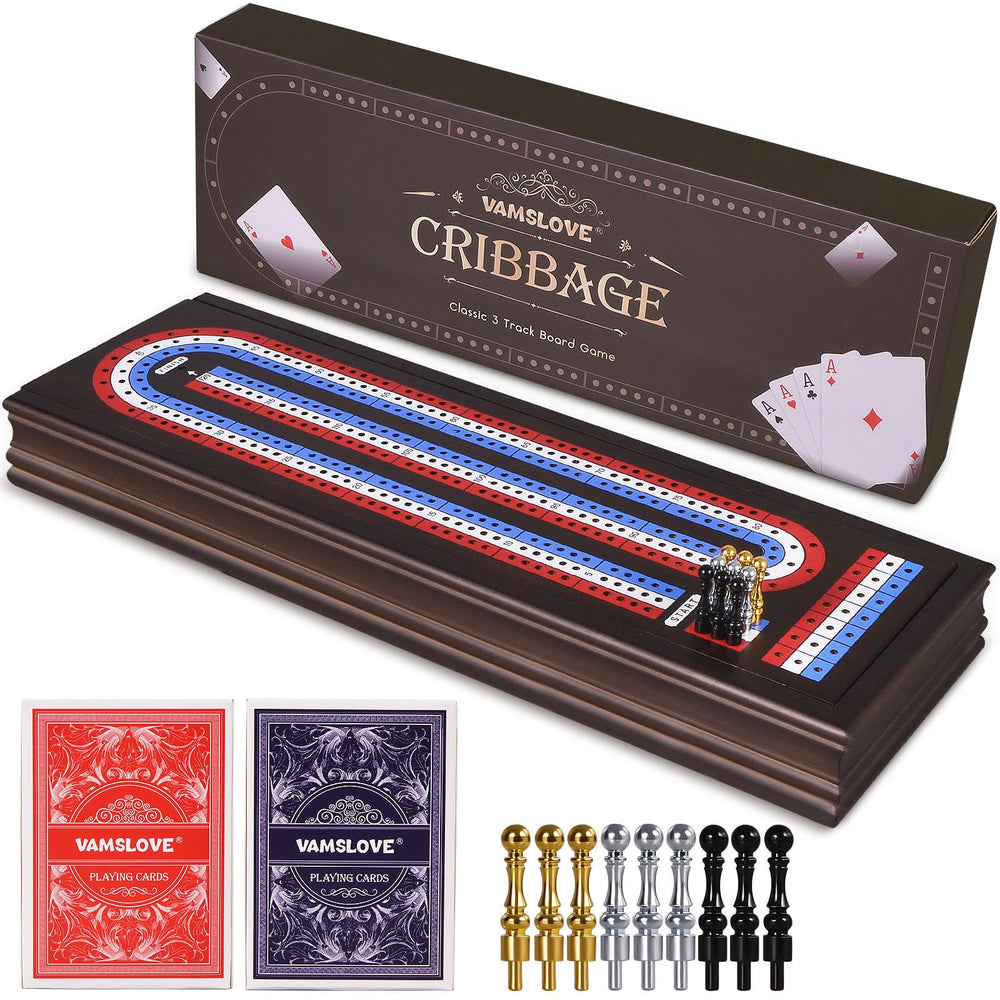 VAMSLOVE cribbage board with closed lid keeps components secure during travel