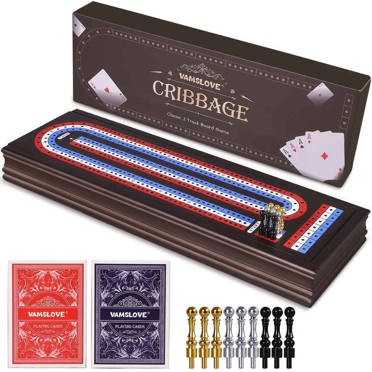 VAMSLOVE cribbage board with closed lid keeps components secure during travel