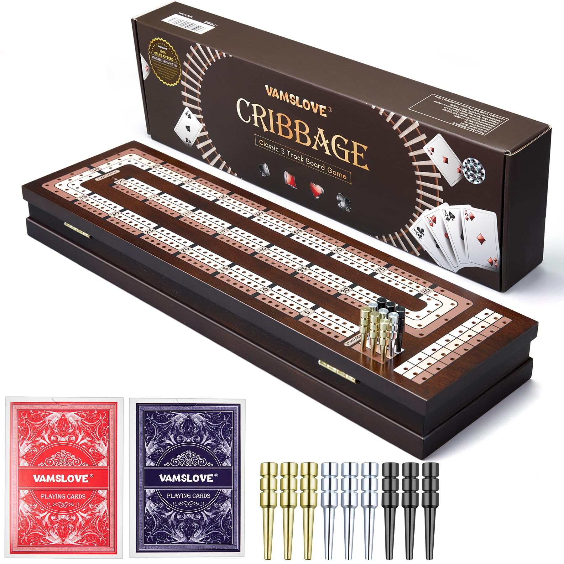 VAMSLOVE cribbage board with magnetic lock keeps travel accessories secure.