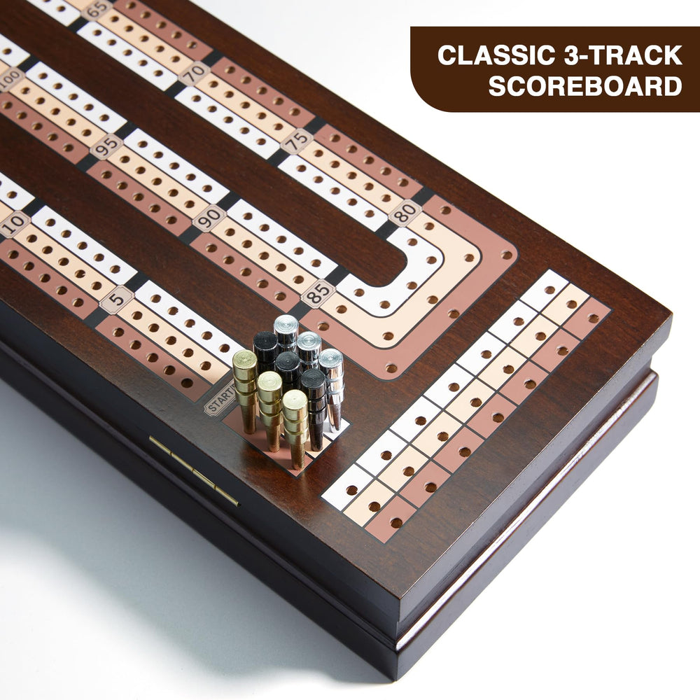 Large slots store two decks and pegs for quick setup.