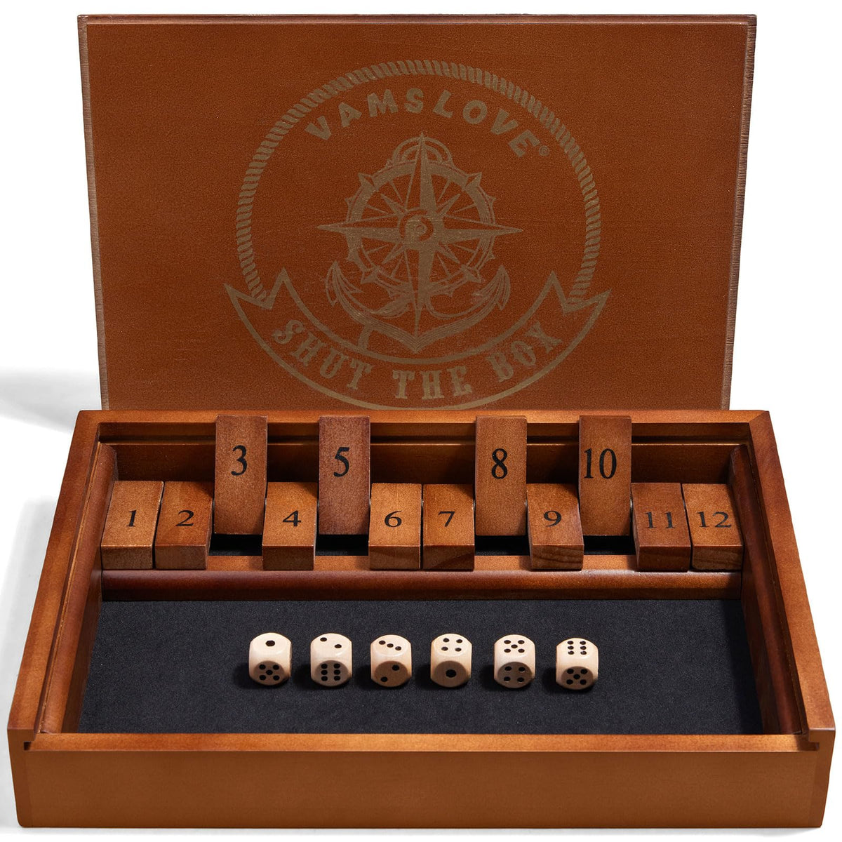 VAMSLOVE Shut The Box front view shows portable wooden design for family game nights.