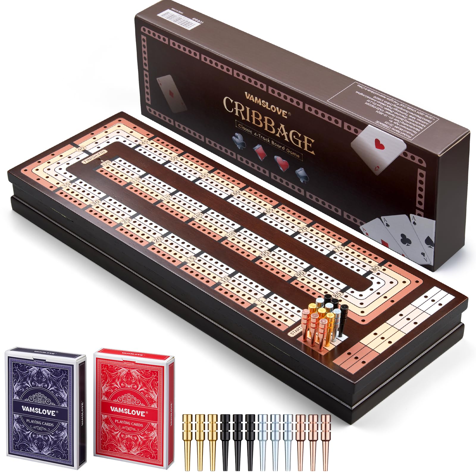 VAMSLOVE wooden cribbage board with four tracks and smooth finish for comfortable play.