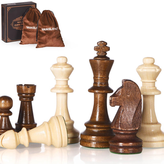 Vamslove wooden heavy weighted chess pieces with a 3.8-inch king for stable play.