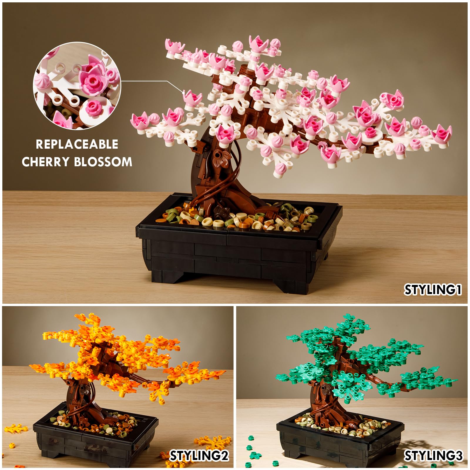 Vamuss bonsai tree model shows rectangular pot and wood-effect stand for adult-building fun.