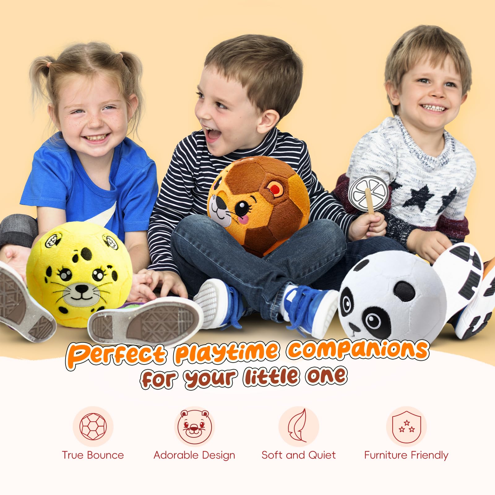 VangeBow Little Lion plush ball side view, lightweight and easy for little hands