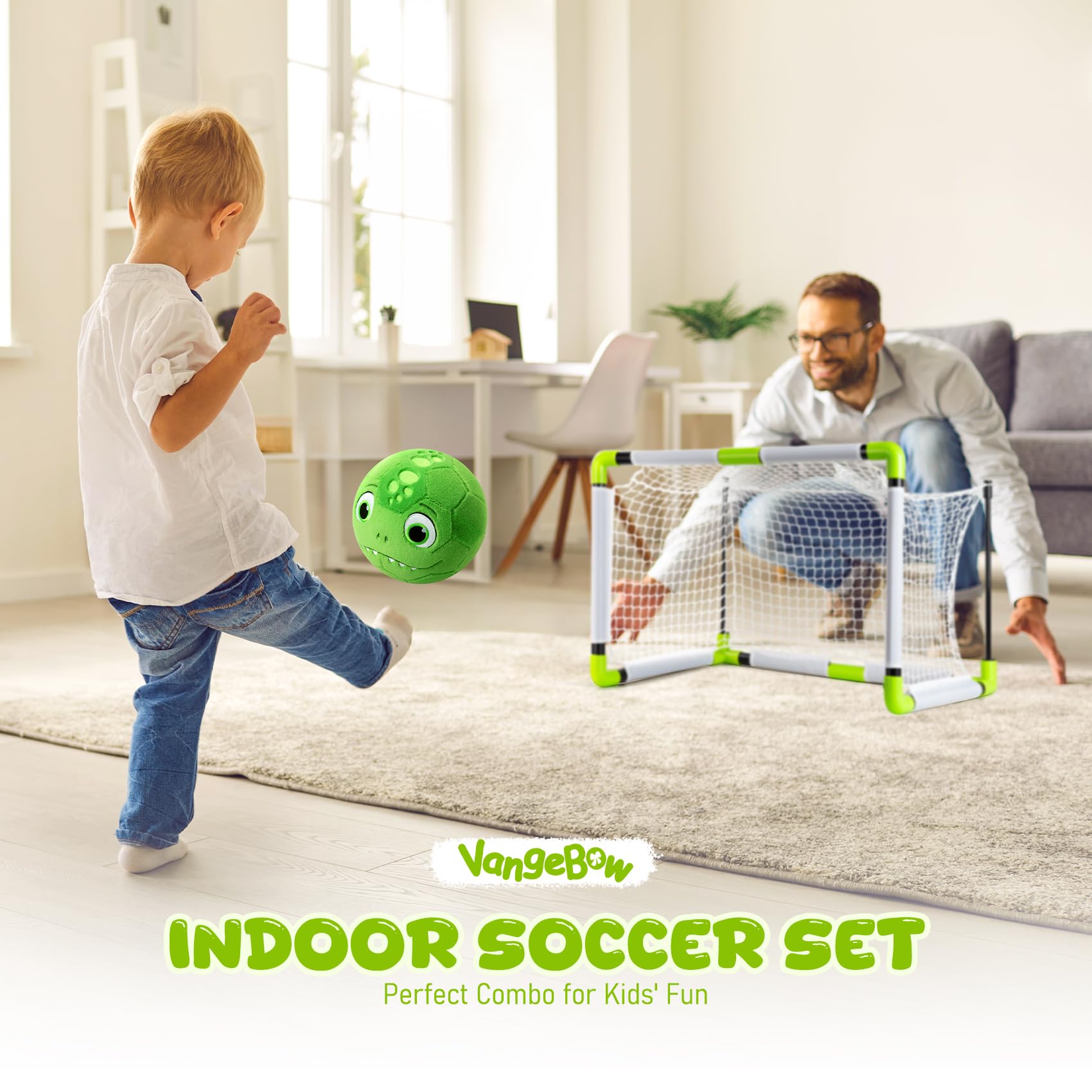 VangeBow plush ball kicking-action for gentle, barefoot play.