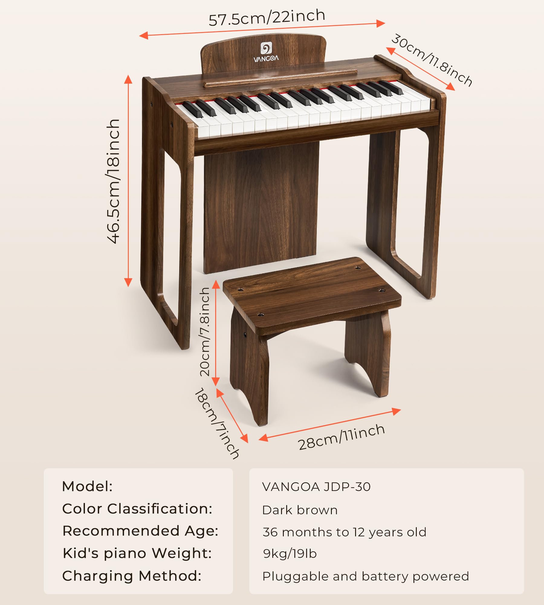 Vangoa Kids Piano powered by batteries or adapter for flexibility