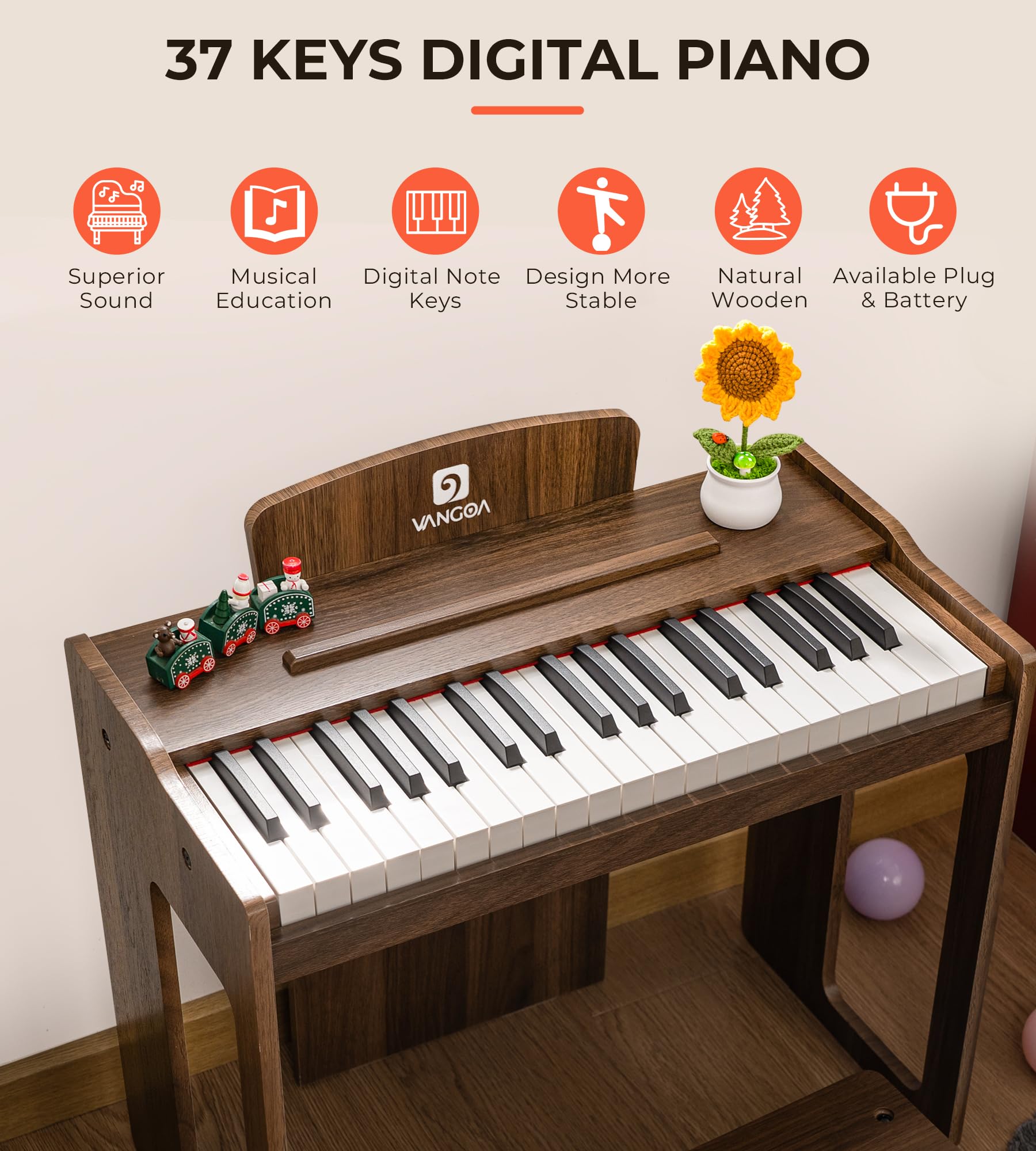 Vangoa Kids Piano wood-frame design highlighting durability