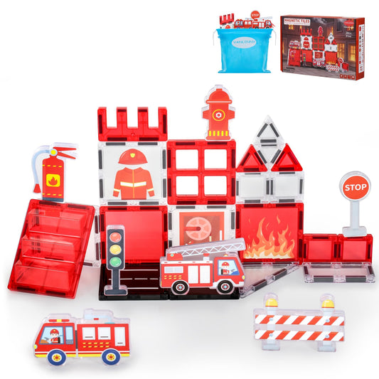Vanlinny firetruck tiles set with bright pieces for imaginative play.