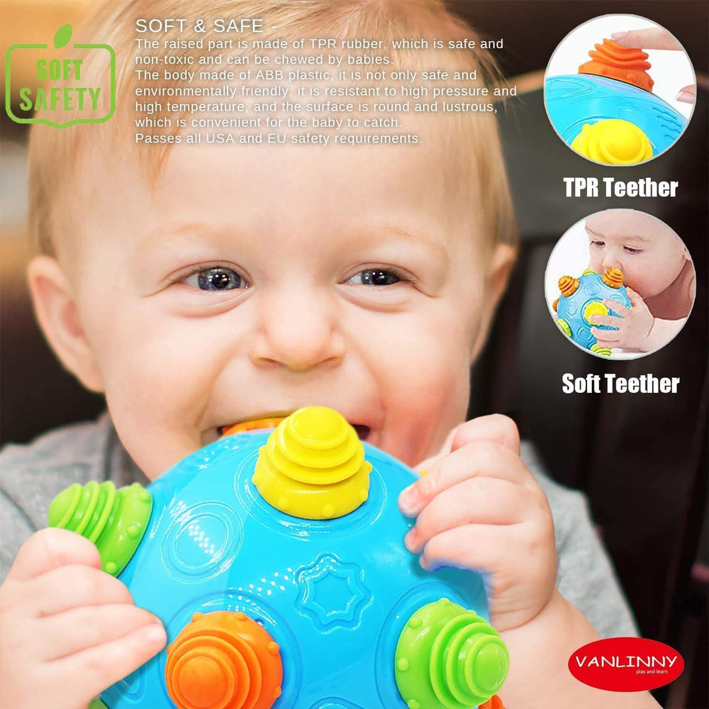 The Bumble Ball rolls across the floor, inviting tummy time and motor skill practice.