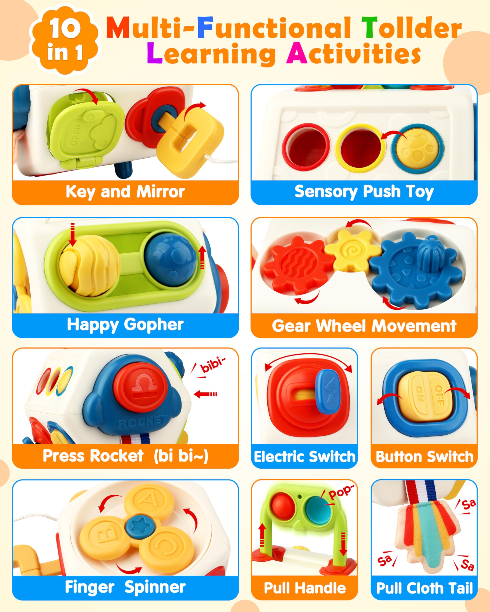 Vanmor 10-in-1 Busy Cube finger spinner promotes tactile exploration.