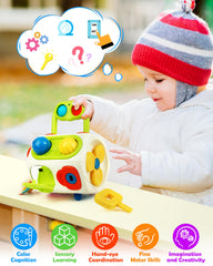 Vanmor Busy Cube side view highlights buttons and switches for little hands.