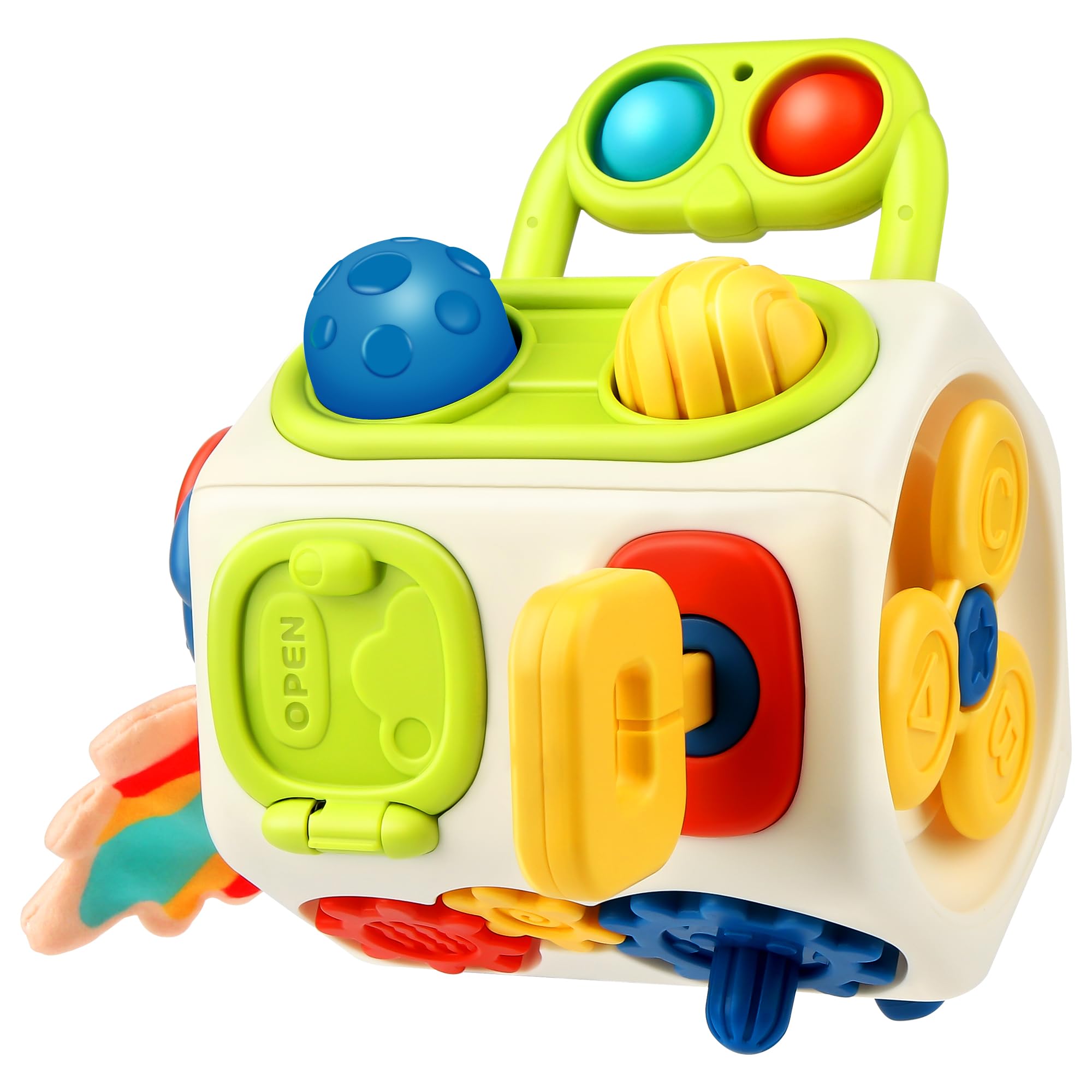 Vanmor 10-in-1 Busy Cube top view shows multiple activity faces for fine motor practice.