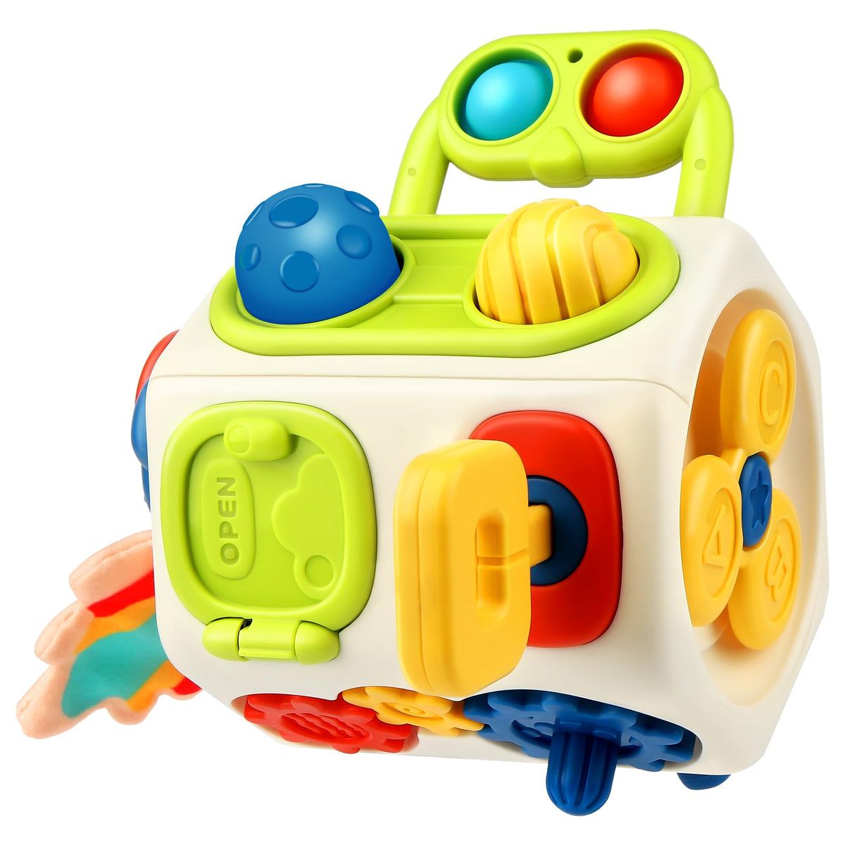 Vanmor 10-in-1 Busy Cube top view shows multiple activity faces for fine motor practice.
