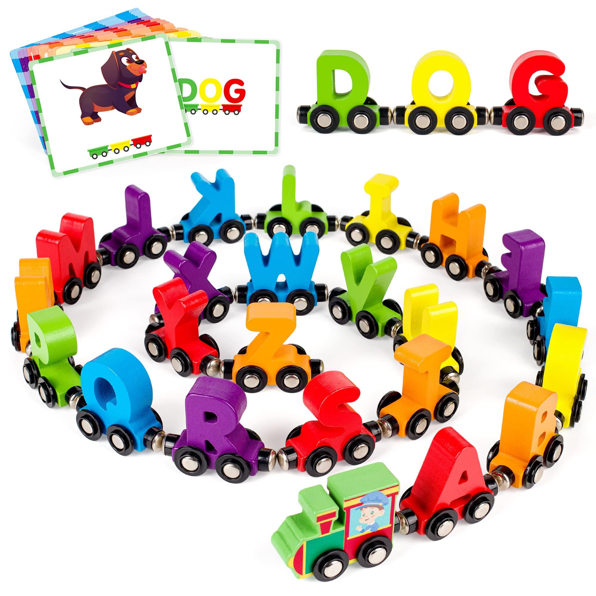 Vanmor alphabet train engine with smooth wooden finish for safe toddler play.